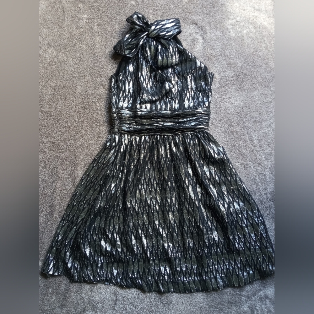 Halston Heritage silver and black metallic scarf neck dress - Picture 2 of 12